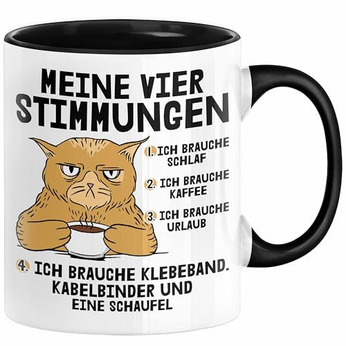 Katze Tasse Geschenk Katzenbesitzerin Lustige Sprüche Kaffee Urlaub Müde Kaffee-Becher Meine Vier Kaffeestimungen (Schwarz)