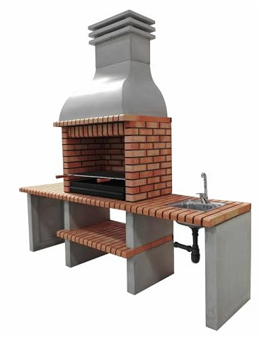 MOVELAR – Barbecue prefabbricato a legna e carbone modello Altea Plus (grigio, arancione – 268 x 70 x 255 cm) Rif: M00043 – Cucina da esterno con lavabo per giardino e terrazza