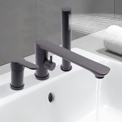 Robinet de baignoire en cuivre avec buse de sortie d'eau rotative à 360°, robinet de baignoire à 3 trous, avec douchette, mitigeur de baignoire, mitigeur de baignoire (noir)