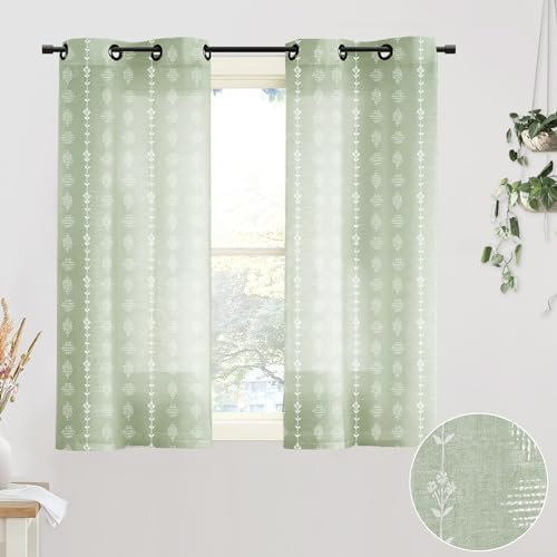 Salbeigarbene Wohnzimmer-Vorhänge, 61 x 114 cm, halbtransparent, Leinen, Blumenmuster, Landhaus-Küchenvorhänge für Erkerfenster-Behandlungen