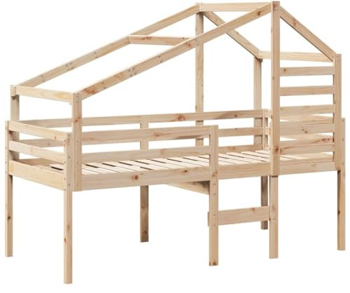 vidaXL Hochbett, Kinderbett mit Dach Leiter Sperrholzlatten, Spielbett für Kinderzimmer, Bett Holzbett Einzelbett, 75x190cm Massivholz Kiefer