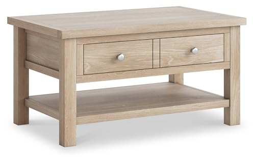 RoselandFurniture Farro Washed Oak Large Coffee Table for Living Room | Storage Drawer and Shelf, Solid Wood Finish, Coastal Farmhouse Style, H45cm W85cm D55cm