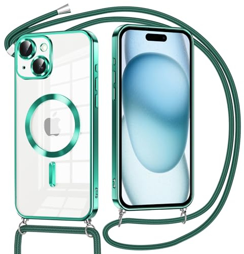 Oelrstfe Funda Magnética para iPhone 15 con Cuerda, Compatible con MagSafe, Transparente Carcasa con Correa Collar Colgante Suave TPU Silicona Case Cordón Cover Cámara Anti-Choque, Verde