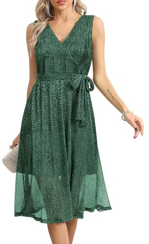 Missufe Damen Wickel V-Ausschnitt Ärmellos Swing Glitzer Cocktail Party Abendkleid mit Gürtel (Dunkelgrün, Groß