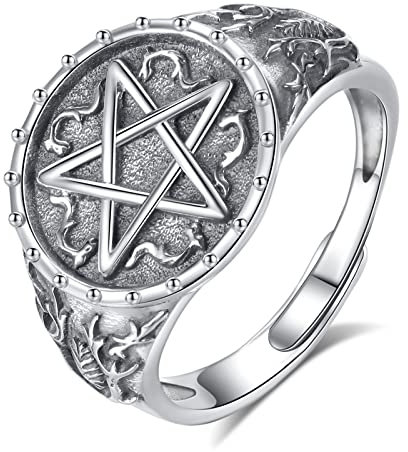 AEONSLOVE Pentagramm Ring Silber 925 für Herren Damen, Wicca Pentagramm Verstellbarer Ring, Offener Witcher Ringe Vintage