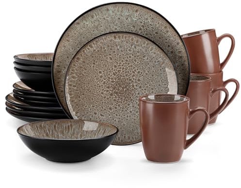 vancasso Bubble Brown 16 Piece Plates and Bowls Set, Mediterranean Style Stoneware Dinner Set for 4, Reactive Glaze Dinnerware Sets, Dishwasher & Microwave Safe