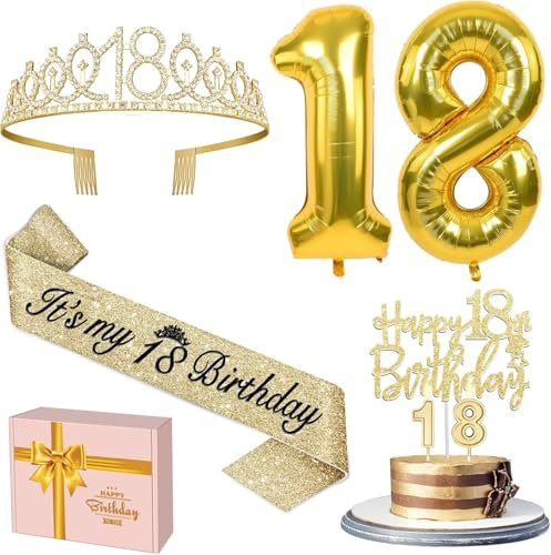 18. Geburtstag Mädchen Deko, 18 Geburtstag Krone und Schärpe, Tortendeko und Kerzen, Luftballons Gold, Geschenke für Mädchen 18 Jahre