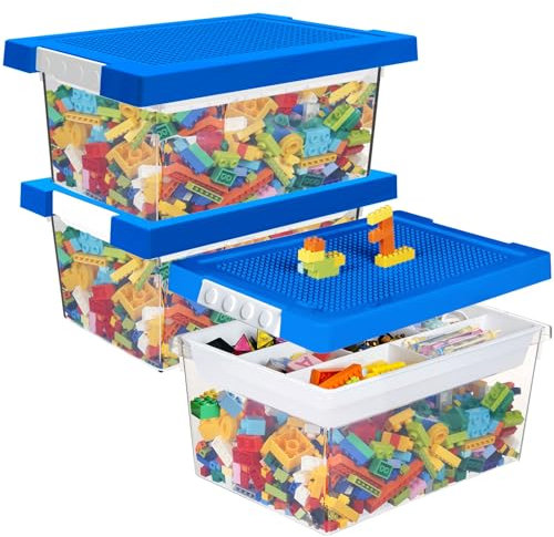 Greentainer Aufbewahrungsbox Spielzeug mit Deckel & AbnehmbaresTablett & Bauplatte,3er Spielzeug Box aus PP,Aufbewahrungskorb Kinder,Spielzeugkiste für Kinderzimmer Aufbewahrungsbehälter für Blöcke