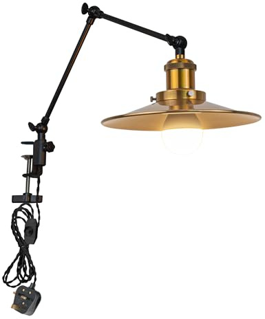 FSLiving Dimmable Desk Lamp Clamp, Desk Lamp Clip Light with Flexible Swing Arm and 2.5 m Cable,Decorative Iron Clamp Lamp Adjustable for Office Study Reading with Brass Lampshade