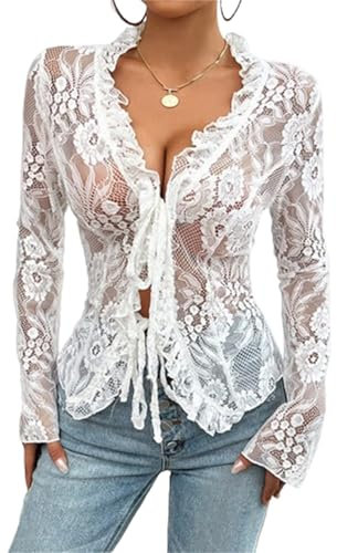 Women's Sexy Lace Long Sleeve Sheer Mesh Crop Tops Floral Slim Fitted Bow Tie Y2K Blouses for Teen Girls (White, M)