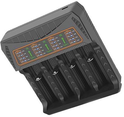 YIGZYCN Wide Compatibility 4 Bay Battery Charging Station For 3.7V Batteries 18650 26650 21700 10400 16340 Models Black