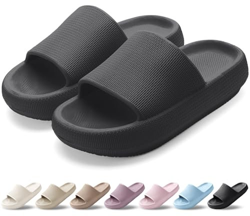 VAVOBIS Sliders Cloud Slippers Women Men Lightweight Slippers Cloud Sliders Non-Slip Flip Flops with Thick Sole for Bathroom Pool Beach House Waterproof Indoor/Outdoor,Black,8-9 UK