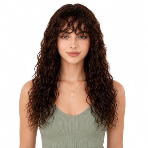 ManeMajesty Wet and Wavy Body-Wave-Perücke mit Pony 60 cm Naturbraun | 100% Echthaar, lacefrei und kleberlos, maschinengefertigt, Wear and Go Perücke mit Pony und Body Wave Styling für Frauen