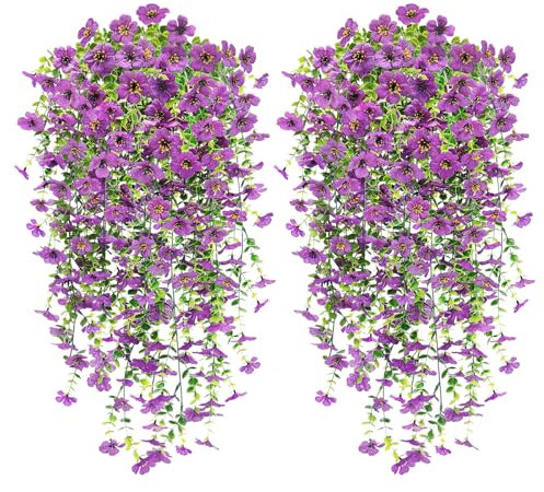 MOTONG 4 PCS Artificial Hanging Flowers, UV Resistant Trailing Artificial Plants Outdoor, Suitable for Fake Artificial Flowers Wall Wedding Party Baskets Indoor Home Garden Decoration Purple