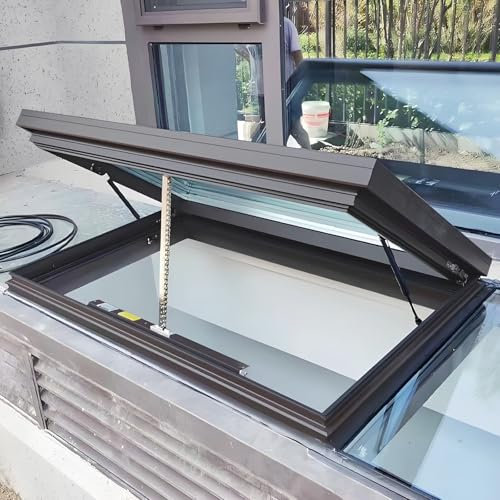 Ventana de tejado personalizable con apertura eléctrica, vidrio templado de doble capa, elevación a gas, control remoto y sensor de lluvia, para invernaderos, sótanos, áticos(Gray,LxW 60x60cm/23.6x23.