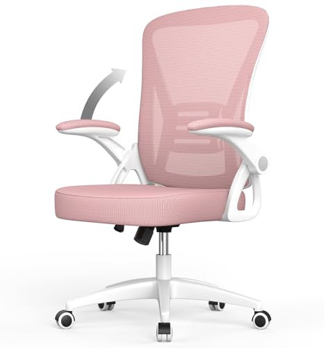 naspaluro Chaise de Bureau avec Accoudoir Relevable, Fauteuil de Bureau en Maille Respirante avec Soutien Lombaire, Dossier Inclinable et Hauteur Réglable, Roulette Pivotant à 360°, Rose