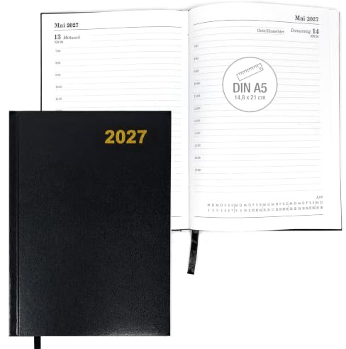 Buchkalender 2027 A5 1 Tag 1 Seite – Hardcover mit Folienprägung | Kalenderbuch 2027 für Alltag & Beruf - Chefplaner & Terminplaner mit Ferien- & Feiertagen