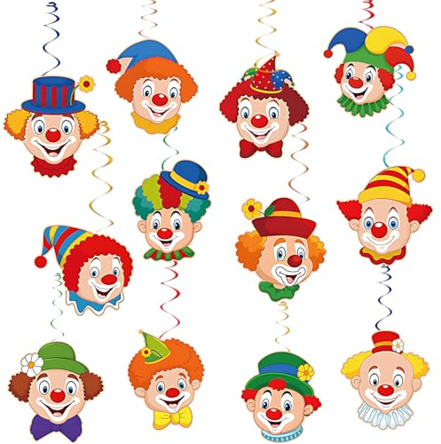 HUKUMA Clown Girlande Karneval, 12 Stück Spiral Girlanden mit Clown Motiv, Luftschlangen Bunt für Faschingsdeko, Girlande Fasching, Clown Faschingsdekoration, Zirkus Hängedeko Karnevalsdeko