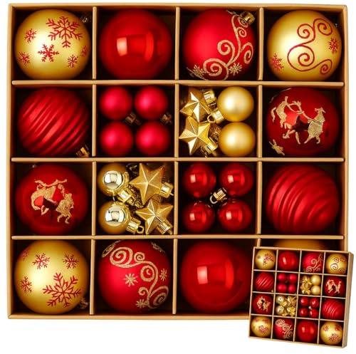 Weihnachtskugeln, Set mit 44 Stück, rot und Gold, Ø 3–6 cm, matt/glänzend/glitzernd, aus bruchsicherem Kunststoff, für Christbaum und Dekoration