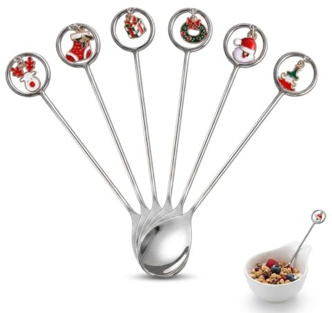 Set di cucchiai di Natale, stoviglie natalizie, cucchiaini da caffè, in acciaio inox, cucchiai di Natale, cucchiaini da dessert (argento)