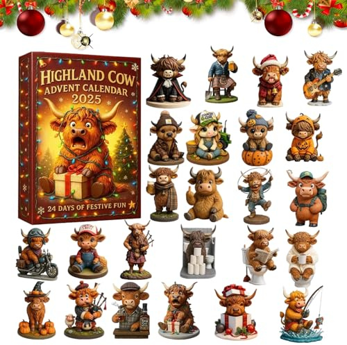3D Highland Cow Adventskalender 2025, 24 Tages Highland Cow Ornamente Weihnachten Countdown Kalender, Mit 24 Miniatur Hochlandkuh Figur,Rinders Ornamente WeihnachtsKalender für Baum und Raumdek (B)