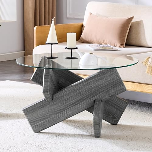 JUFU Couchtisch rund, Wohnzimmertisch Glas modern mit Oberfläche aus Hartglas und MDF Gestell in Holzoptik, Kaffeetisch für Schlafzimmer, Wohnzimmer (Grau)