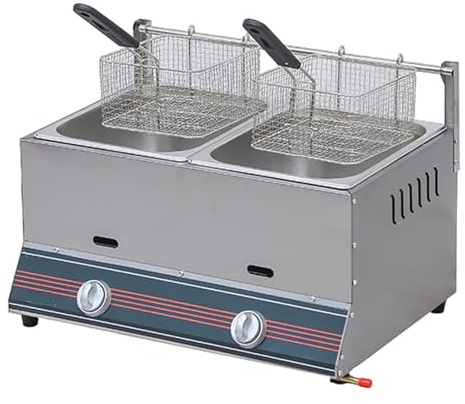 Friteuse Professionnelle à Double Cuve en Acier Inoxydable, Friteuse Commerciale de Comptoir, Friteuse à Gaz Robuste pour Frites, Ailes de Poulet et Snacks