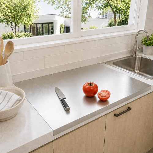 Zenselect Edelstahl-Schneidebrett, Edelstahl Arbeitsplatte, 50 x 50 cm Rutschfeste Schneidebrett mit Kante, Arbeitsplatte mit Schneidebrett für Küche Bar Restaurant zum Kneten von Pizza Brot Kuchen