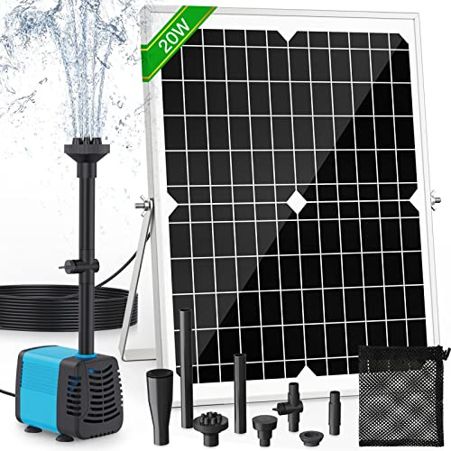 Pompa solare per laghetto e fontana 20 W, portata 1300 l/h, cavo estensibile da 5 m, 4 modelli di spruzzatura e sacchetto di filtrazione, ideale per stagni e impianti idrici