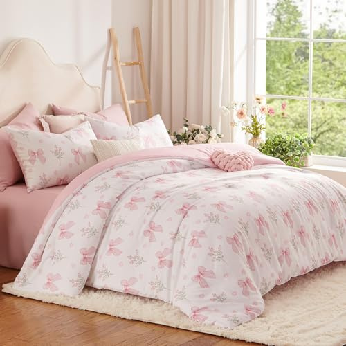 Nyescasa Schleifen Bettwäsche 135x200 Rosa Blumen Herz Muster Kinder Mädchen Aesthetic Wendebettwäsche Set Weich Microfaser Bettbezug mit Reißverschluss und 1 Kissenbezug 80x80cm