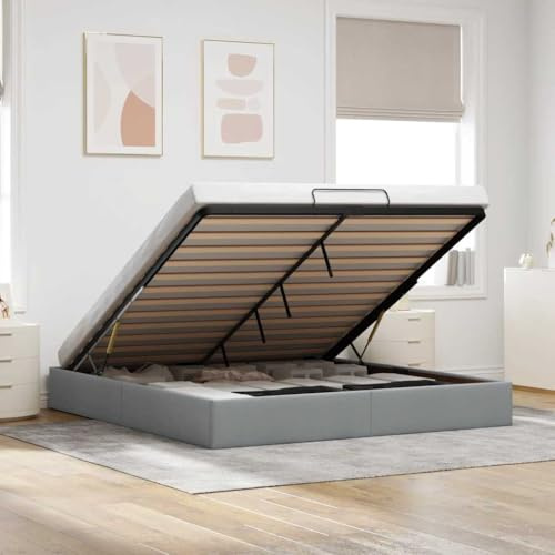 Owoxanthellate Ottoman-Bett 160x200 Hellgrau, Bettrahmen mit Stauraum, Lattenrost & Hydraulik Lift, Modernes Gästebett für Schlafzimmer, Wohnung & Büro