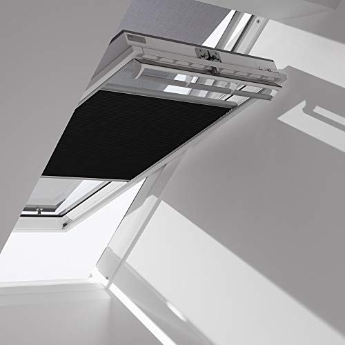 Original VELUX Vorteils-Set ( Faltstore DuoLine + Hitzeschutz-Markise ) für GGL / GPL / GHL / GTL S08 und 608 und GGU / GPU / GHU / GTU S08 in Stofffarbe 1047 / Uni Schwarz – Markise in 5060 schwarz, Seitenschienen in Silber / FOP S08 1047S
