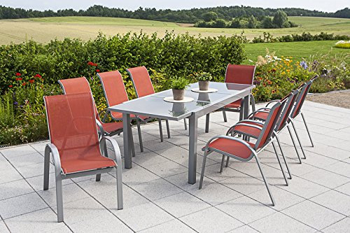 MERXX 9tlg. Amalfi Set, 8 Amalfi Stapelsessel, 1 Ausziehtisch, 180 (240) x 100 cm, Terracotta