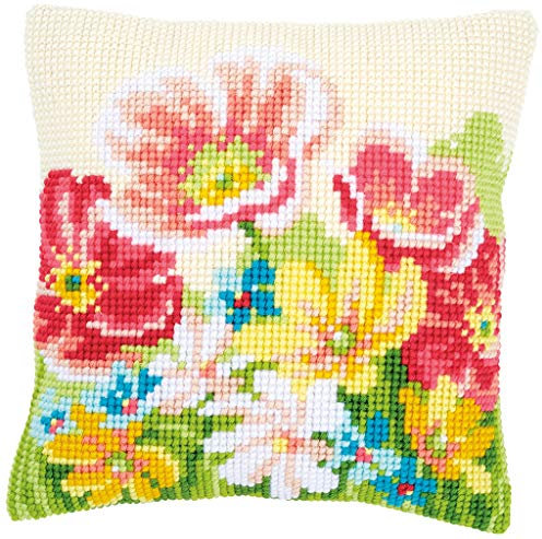 Vervaco Kreuzstich Stickpackungen Kissen Stickerei Set Anfänger Vorgedruckt Sommerblumen DIY Set Kreativ Set Für Erwachsene Dekoratives Kissen ca. 40 x 40 cm Bastelset Handwerker Haus Dekoration