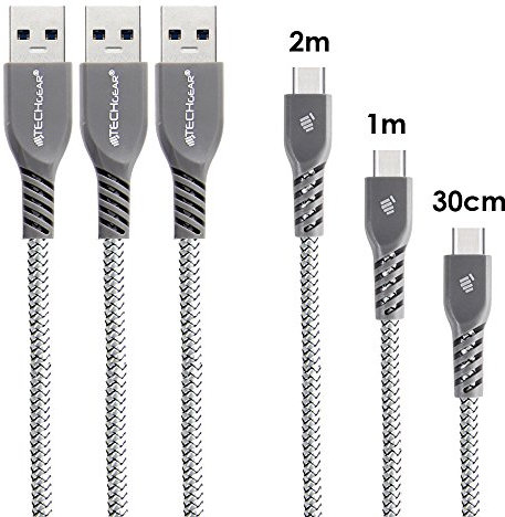 TECHGEAR 3 Pack STRONG Durable Braided USB C Charging & Data Sync Cables (30cm/1m/2m) Compatible with Samsung Tab S6 Lite, Tab A9 Plus / A9 A8 A7 / Lite, S9 S8 S7 Plus/Ultra, Active 3 4 5 Pro Silver