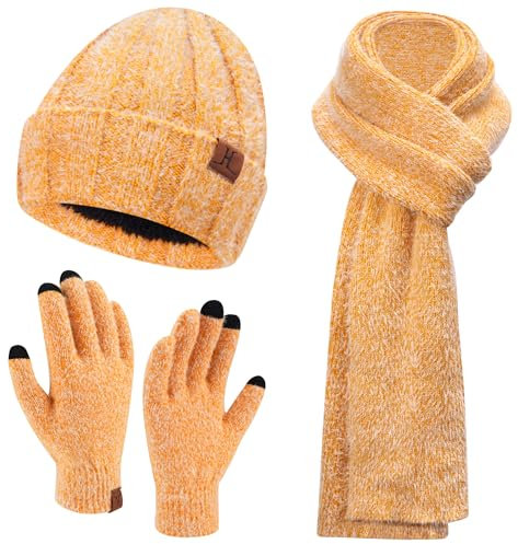 Damen Winter Warm Beanie Mütze Touchscreen Handschuhe und Lang Schal Set mit Fleece Gefütterte, Thermo Wintermütze Strickmütze Schals Winterhandschuhe Strickhandschuhe Frauen Geschenk, Gelb