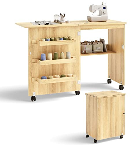 COSTWAY 2 in 1 Nähschrank & Schreibtisch klappbar, Nähtisch aus Holz mit 3 Einlegeböden für Spulen & feststellbare Rollen, Nähmaschinenschrank für Wohnzimmer, Schlafzimmer & Büro (Beige)