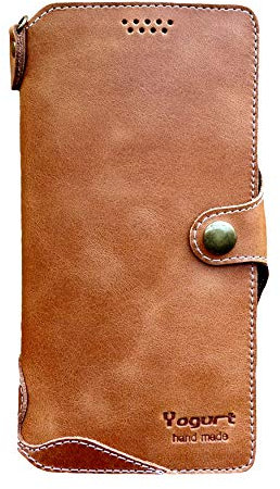 Yogurt Case for iPhone 13 Pro Max, Genuine Leather Wallet Handmade Cover for iPhone 13 Pro Max, 6.7‑inch Brown