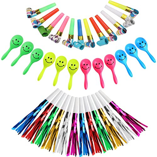 36PCS in 3Kinds Party Noisemakers Set, Funny Paper Blowouts Blowers, Glitter Fringed Metal Blowouts, Mini Neon Music Hand Shakers, Birthday Kids Party Fiesta Decorations Party Favors Supplies