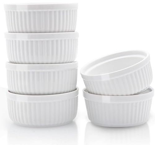 Nuwave Ceramic Ramekins 8 oz, Set of 6, Elegant Classic Style Ramekins for Baking Souffles, Creme Brulées, Custards, Puddings, 4.3” Wide & 2” Tall, Microwave, Oven & Dishwasher-Safe, Ivory White