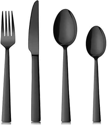 Herogo Black Cutlery Set, 16-Piece Stainless Steel Flatware Set Service for 4, Mirror Polished Silverware with Knife Fork Spoon, Elegant Cutleries for Home Restaurant Hotel, Dishwasher Safe (Black)