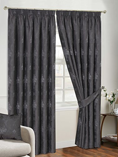 Prime Linens Curtains for Living Room Pencil Pleat Jacquard Curtains Fully Lined Modern Panels for Bedroom with 2 Free Tie Backs (W 90'' x L 108'', Grey)
