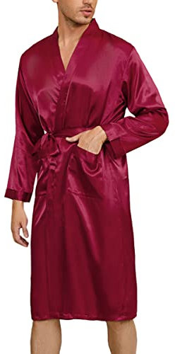 Irdcomps Herren Satin Robe Kimono Morgenmantel Lang Bademantel Leicht Seide Nachtwäsche Pyjama für Männer mit Gürtel Rot M