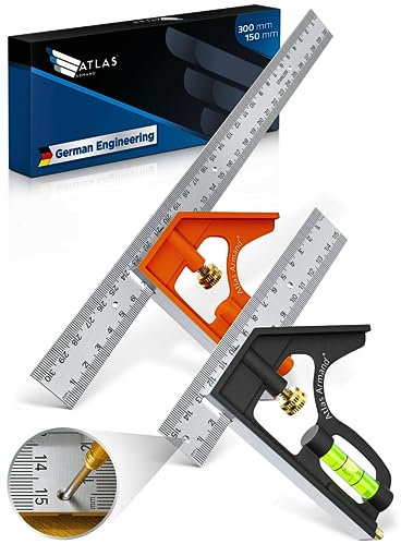 Atlas Armand® Kombinationswinkel Set 150mm & 300mm + Einzigartige Lochreihe für Streichmaß - Präziser Universal Anschlagwinkel aus Metall - Kombiwinkel mit Linealanschlag und Anreisswerkzeug