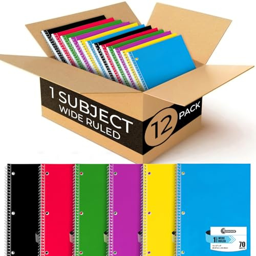 Rosmonde 12 Pack Spiral Notebooks, 1 Subject Notebook, Wide Ruled, Assorted