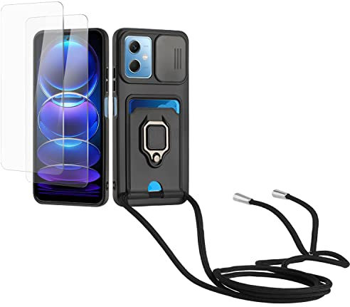 Kaslly Funda con Cuerda para Redmi Note 12 Pro/Xiaomi Poco X5 Pro+[2 Pack Protector Pantalla],Case con Ranura para Tarjetas,Cubierta de Cámara Deslizante Proteger,Doble Cara Protección-Negro