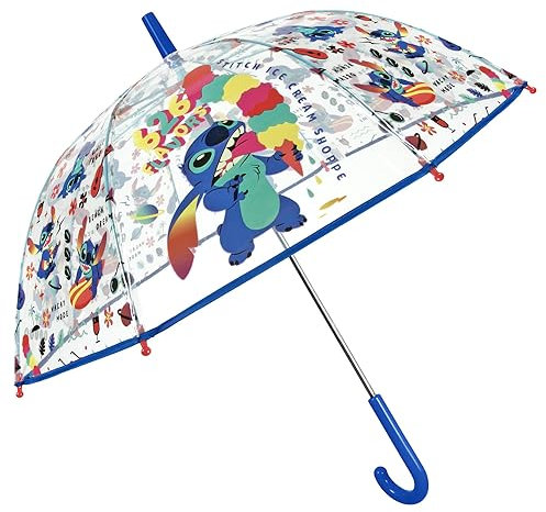 PERLETTI Parapluie Transparent Disney Stitch Garçon - Parapluie Enfant 4 5 6 Ans Solide Résistant Ouverture Manuelle - Parapluie Cloche Dome Coupe Vent Incassable Multicolore - Diamètre 74 cm