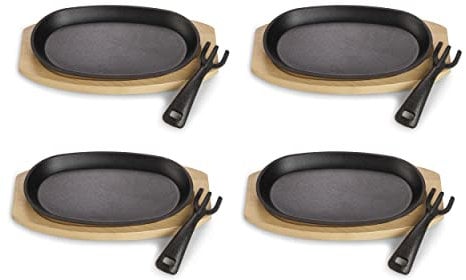 ECHTWERK Servierpfannen Set aus Gusseisen, Kleine Grillpfanne mit Servierbrett, Abnehmbarer Griff, Bereits eingebrannt, Für Backöfen, Grill, BBQ und Induktion geeignet, Ø 24 x 14 cm, 4tlg