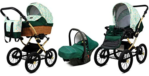 BabyLux Kinderwagen 3in1 mit Autositz für Kleinkinder – Kinderwagen für Neugeborene und Kleinkinder –– Baby Neugeborenen Kinderwagen – 59x105x125cm – Max 15kg – Green Daisy Gold Frame