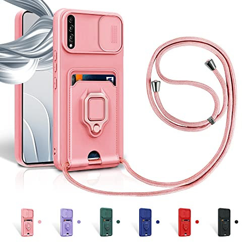 Aithne Case für Samsung Galaxy A50 / A30S / A50S Handykette Hüll,Slide kameraschutz,Silikon Handyhülle zum Umhängen Kette,360 Grad Ringhalter Stand Kartenfach-Pink